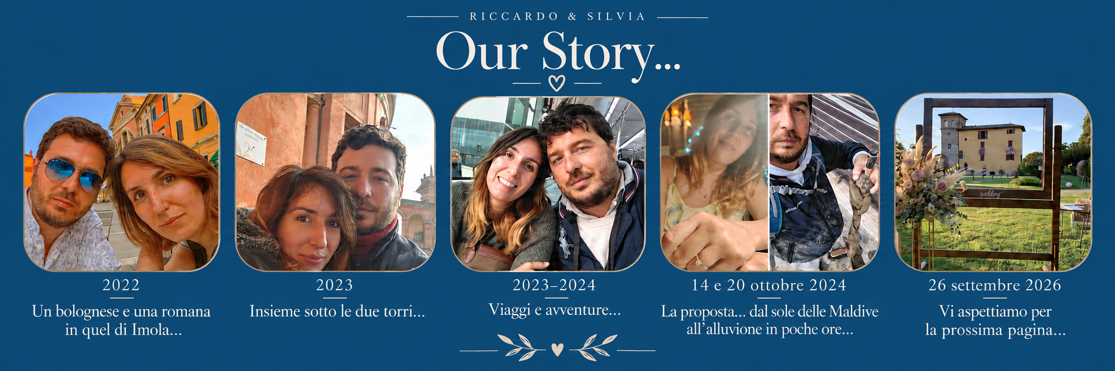 La nostra storia: Imola nel 2022, insieme a Bologna nel 2023, viaggi e avventure nel 2023–2024, la proposta alle Maldive e il ritorno nell’alluvione nell’ottobre 2024, il matrimonio il 26 settembre 2026.